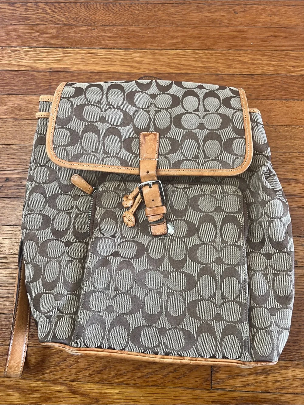 Coach Brown Signature Print Canvas Backpack with Tan Leather Trim